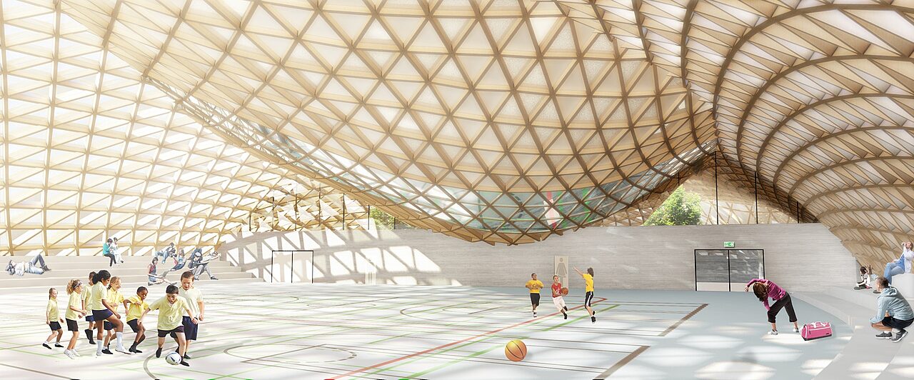 Suunnitelma suuresta liikuntahalli tilasta, puisella kaarevalla katolla.