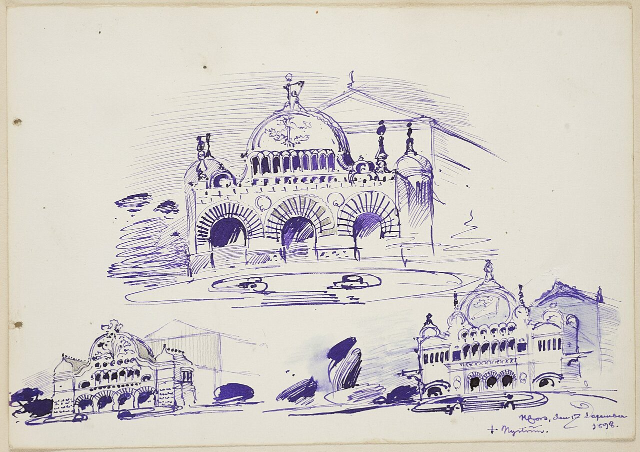 Luonnos kansallisteatterin ulkonäöstä.