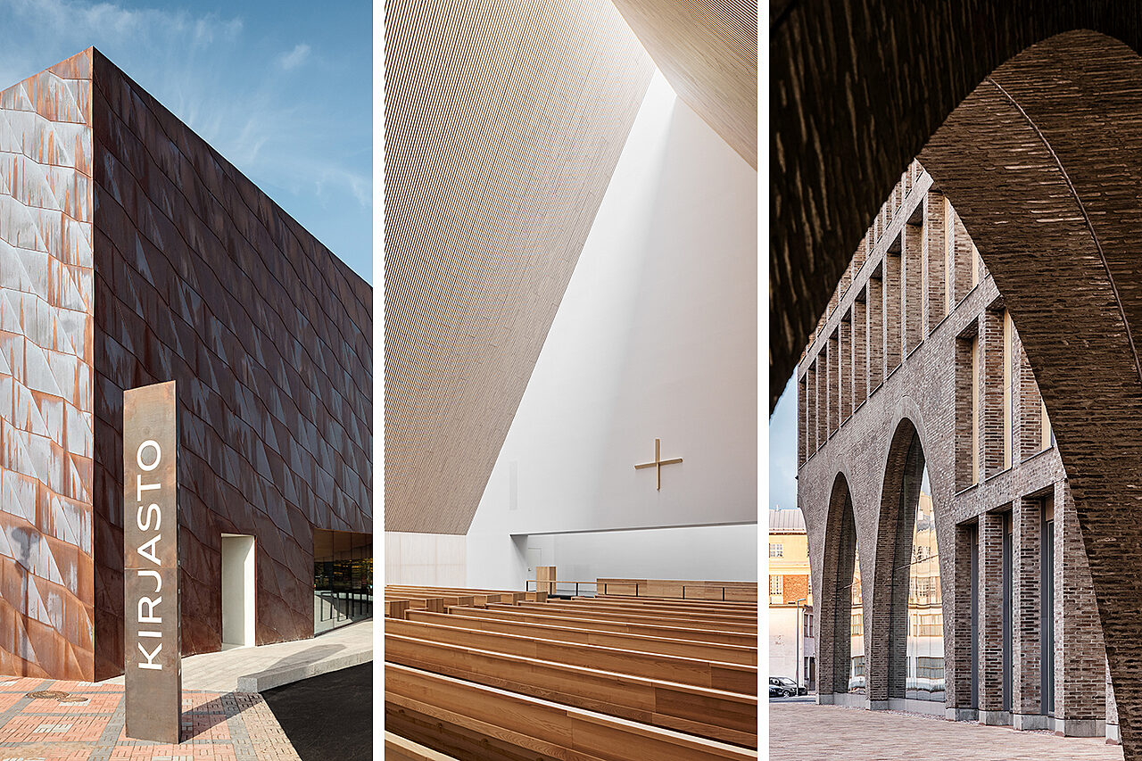 Kolmen pystykuvan kollaasi: Kuparinen talon nurkka, jonka edessä kyltti "kirjasto". Valkoinen viistokattoinen kirkkosali, puiset penkit. Näkymä tiilikaaren alta kohti rakennuksen toista kylkeä.