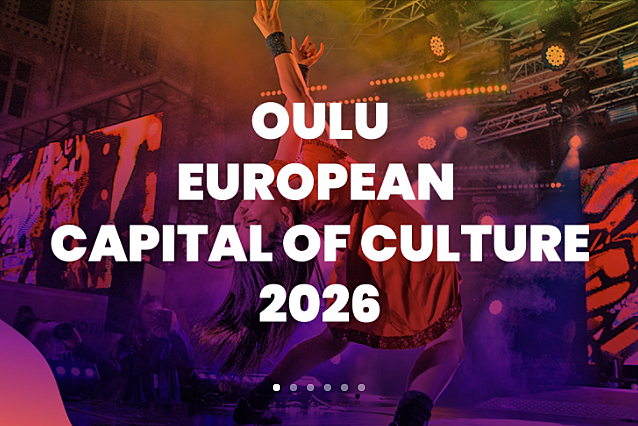 Kuva, jonka värit vaihtelevat violetista oranssiin. Kuva päällä valkoinen teksti Oulu European Capital of Culture 2026.