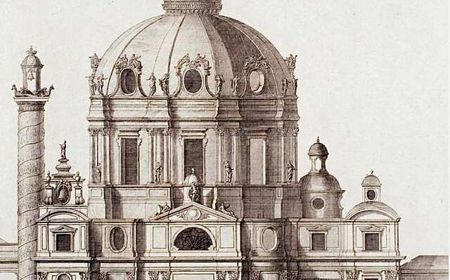 Piirros vanhasta palatsimaisesta rakennuksesta