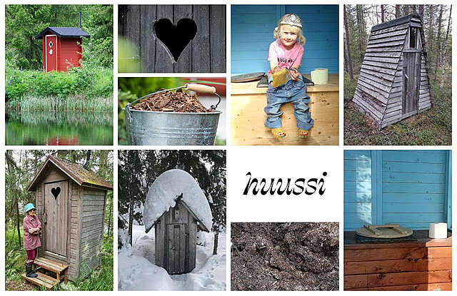 A collage of small wooden outhouses.