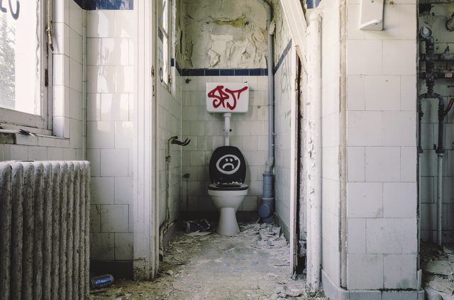 Picture of a toilet , which has a sad emoji painting