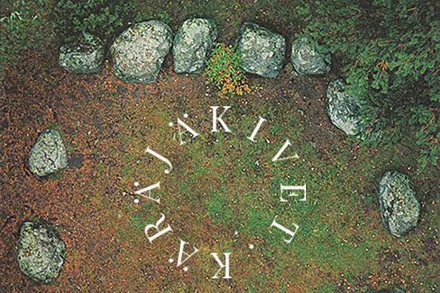 A view from above to an autumnal terrain where stones form a semicircle.