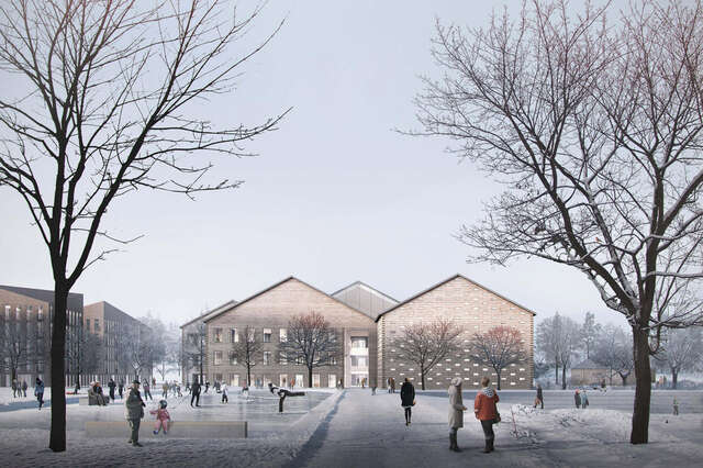 Tietokoneella tuotettu havainnekuva suuresta hirsisestä rakennuksesta ulkoapäin. Kuvassa on talvi ja ihmiset luistelevat rakennuksen edessä. Rakennus koostuu neljästä harjakattoisesta osasta.