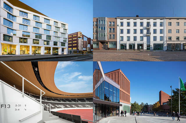 Neljä pikkukuvaa rakennuksista