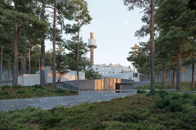Havainnekuva monitahoisesta rakennuksesta mäntymetsässä