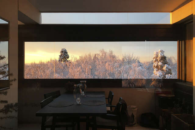 View from an upper floor apartment throug a large window towards wintery trees in sunset.