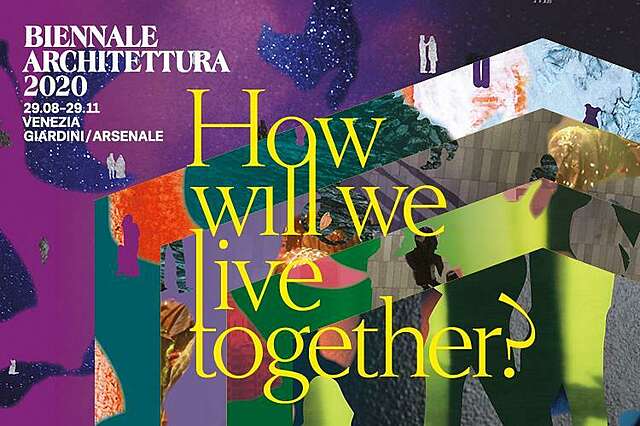 Keltainen teksti "How will wi live together?" kirjavalla, kollaasimaisella taustalla. Venetsian arkkitehtuuribiennaalin vuoden 2020 ilme.