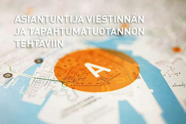 Kuva kartasta, jokan päällä teksti Asiantuntija viestinnän ja tapahtumatuotannon tehtäviin