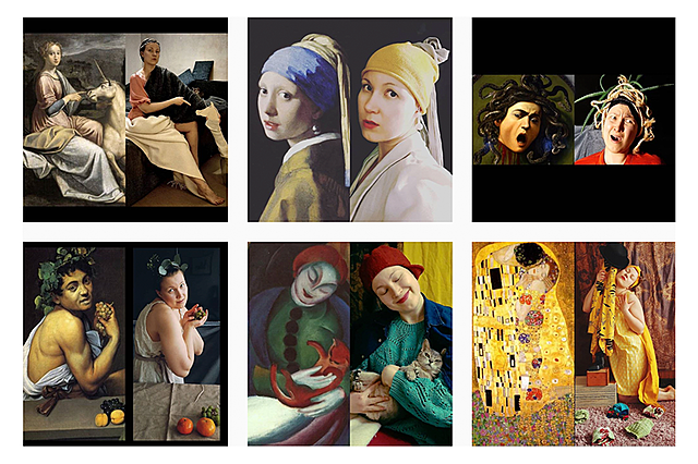 Kuvakaappaus Instagram-syötteestä, jossa on #karanteenitaidetta-teoksia. Dama con l'unicorno, The Girl with a Pearl Earring, Medusa, Young sick Bacchus, Girl with cat 2 ja The Kiss