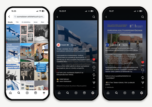 Kolme mobiilipuhelimen näyttöä, joilla Instagram-sisältöjä
