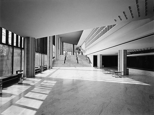 Black and white photo of the theatre lobby