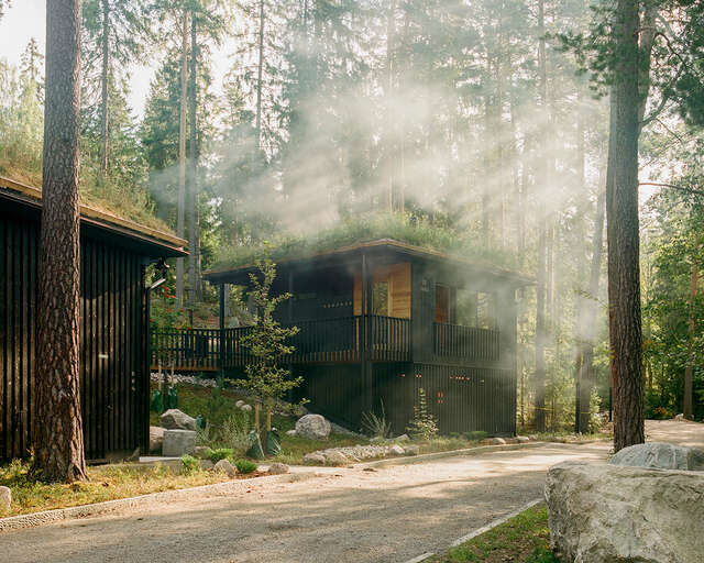 An outdoor photograph of a dark-coloured smoke sauna, surrounded by a coniferous forest and smoke.