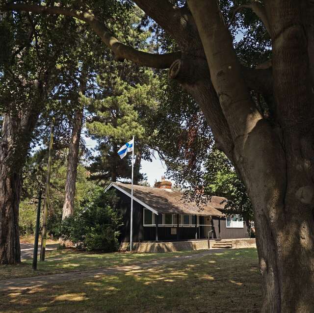 A wooden sauna building among trees.