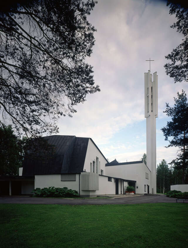 White church building.
